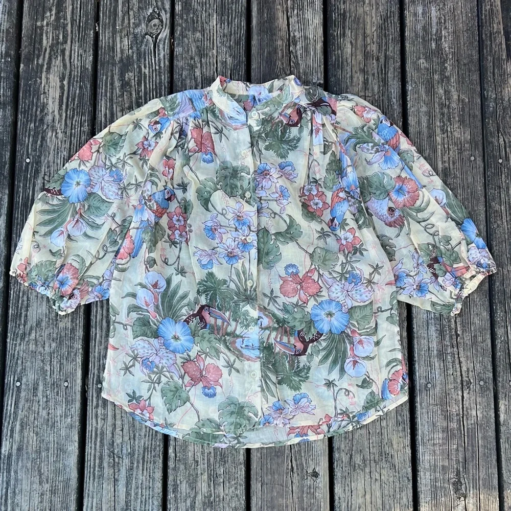 Vintage 70s Peplum Sleeve Semi Sheer Blouse - Picture 1 of 4